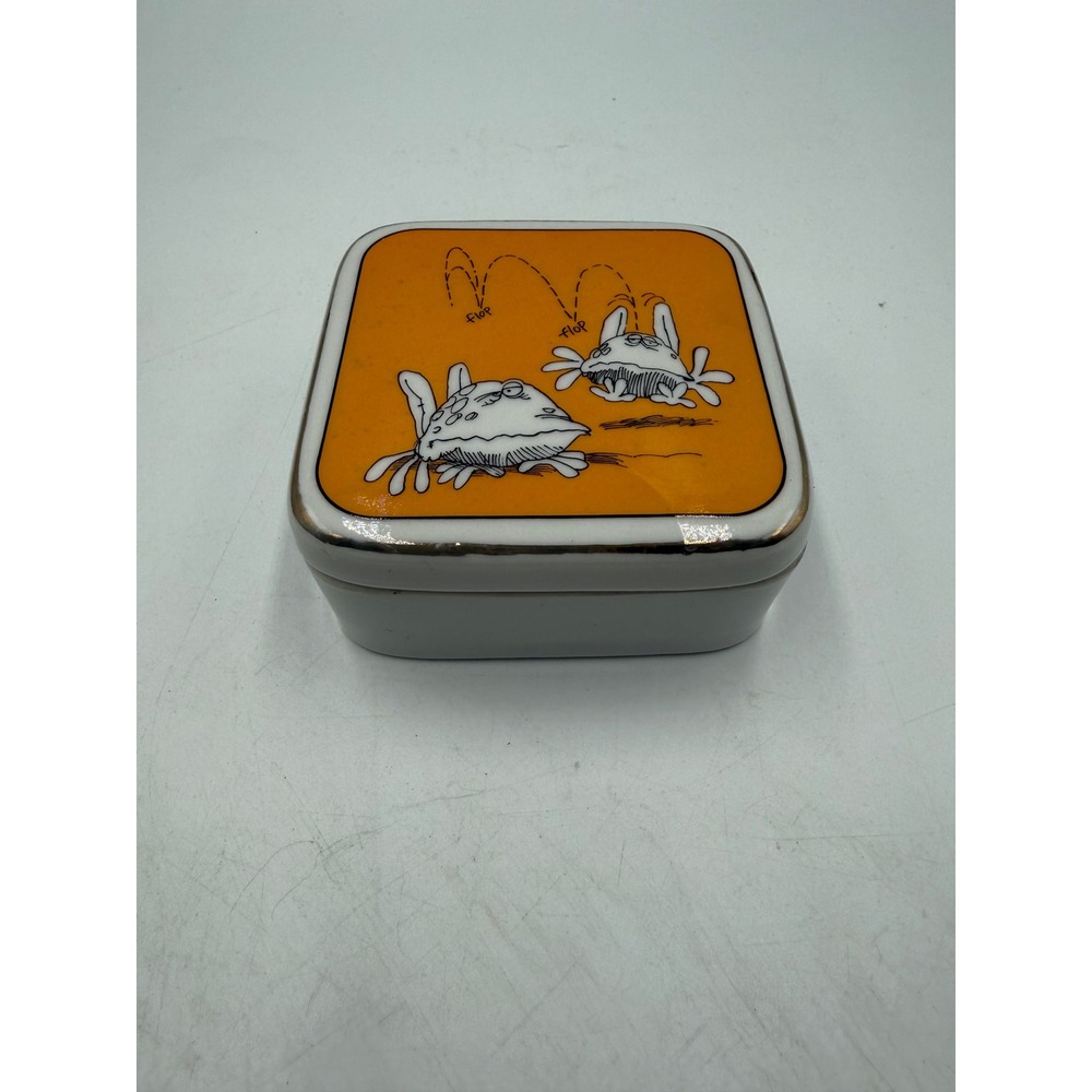Vintage 1977 Enesco Kersten Bros The Inside Story Ceramic Trinket Box Orange